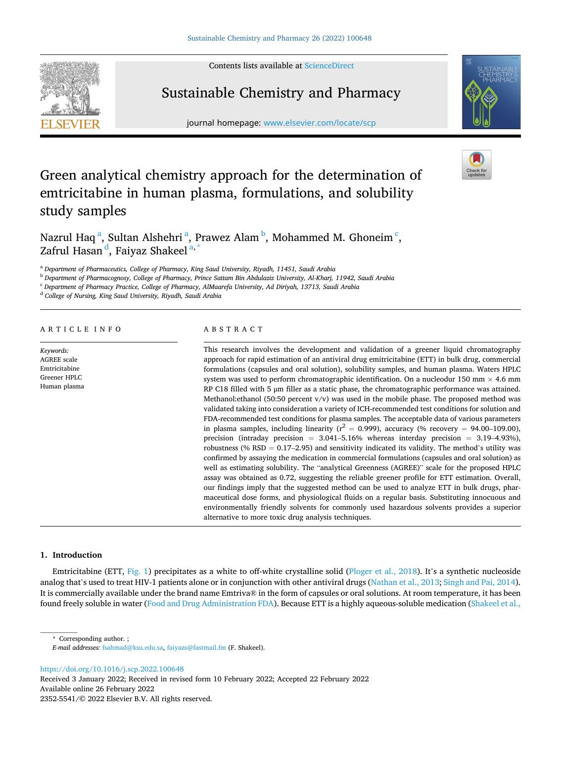 Green analytical chemistry approach for the determination of emtricitabine in human plasma, formulations, and solubility study samples by Nazrul Haq & Sultan Alshehri & Prawez Alam & Mohammed M. Ghoneim & Zafrul Hasan & Faiyaz Shakeel