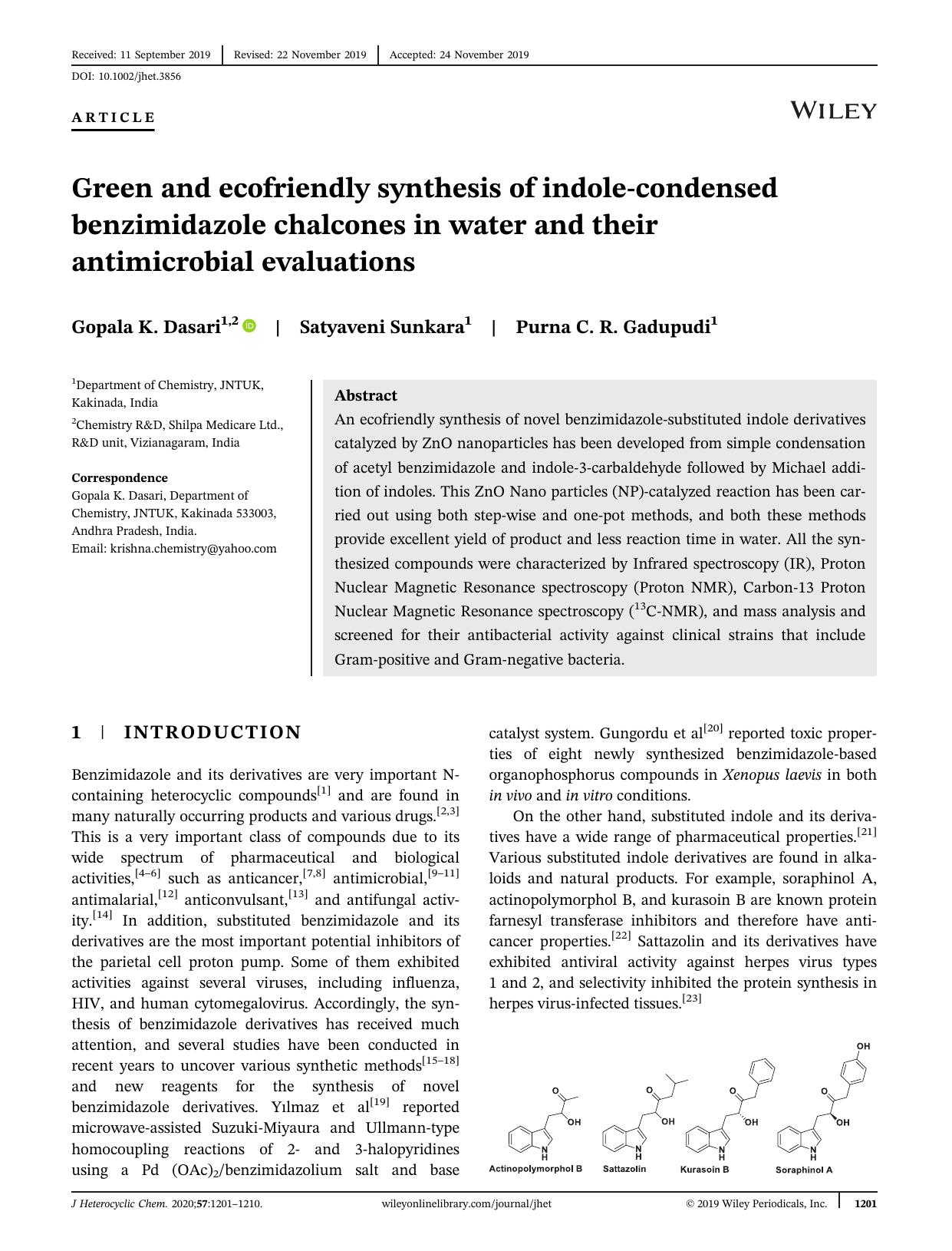 Green and ecofriendly synthesis of indoleâcondensed benzimidazole chalcones in water and their antimicrobial evaluations by Gopala K. Dasari Satyaveni Sunkara Purna C. R. Gadupudi