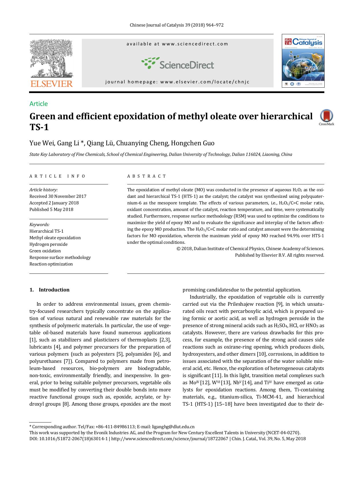 Green and efficient epoxidation of methyl oleate over hierarchical TS-1 by Yue Wei & Gang Li & Qiang Lü & Chuanying Cheng & Hongchen Guo