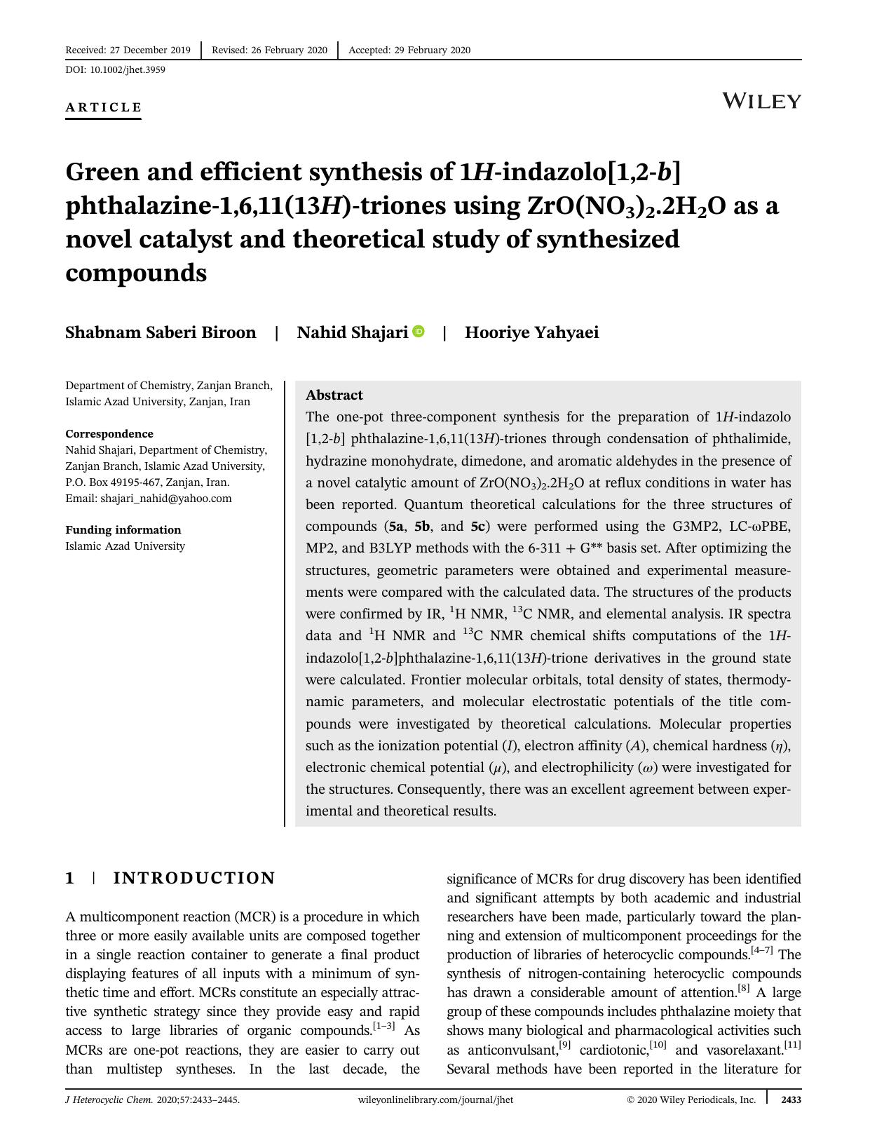 Green and efficient synthesis of 1H-indazolo[1,2-b] phthalazine-1,6,11(13H)-triones using ZrO(NO3)2.2H2O as a novel catalyst and theoretical study of synthesized compounds by Unknown