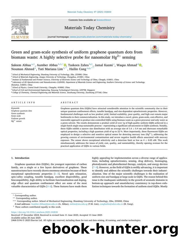 Green and gram-scale synthesis of uniform graphene quantum dots from biomass waste: A highly selective probe for nanomolar Hg2+ sensing by unknow