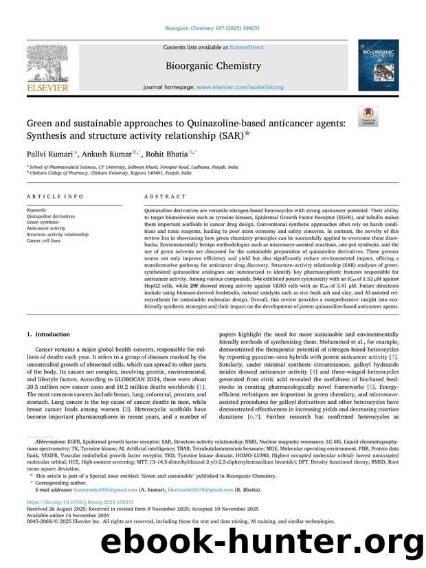 Green and sustainable approaches to Quinazoline-based anticancer agents: Synthesis and structure activity relationship (SAR) by Pallvi Kumari & Ankush Kumar & Rohit Bhatia