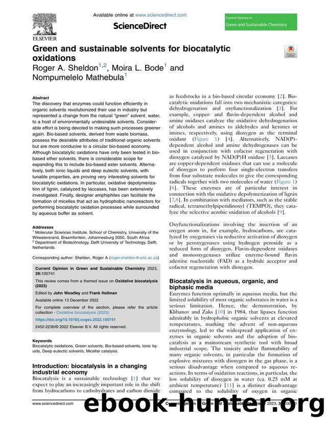 Green and sustainable solvents for biocatalytic oxidations by Roger A. Sheldon & Moira L. Bode & Nompumelelo Mathebula