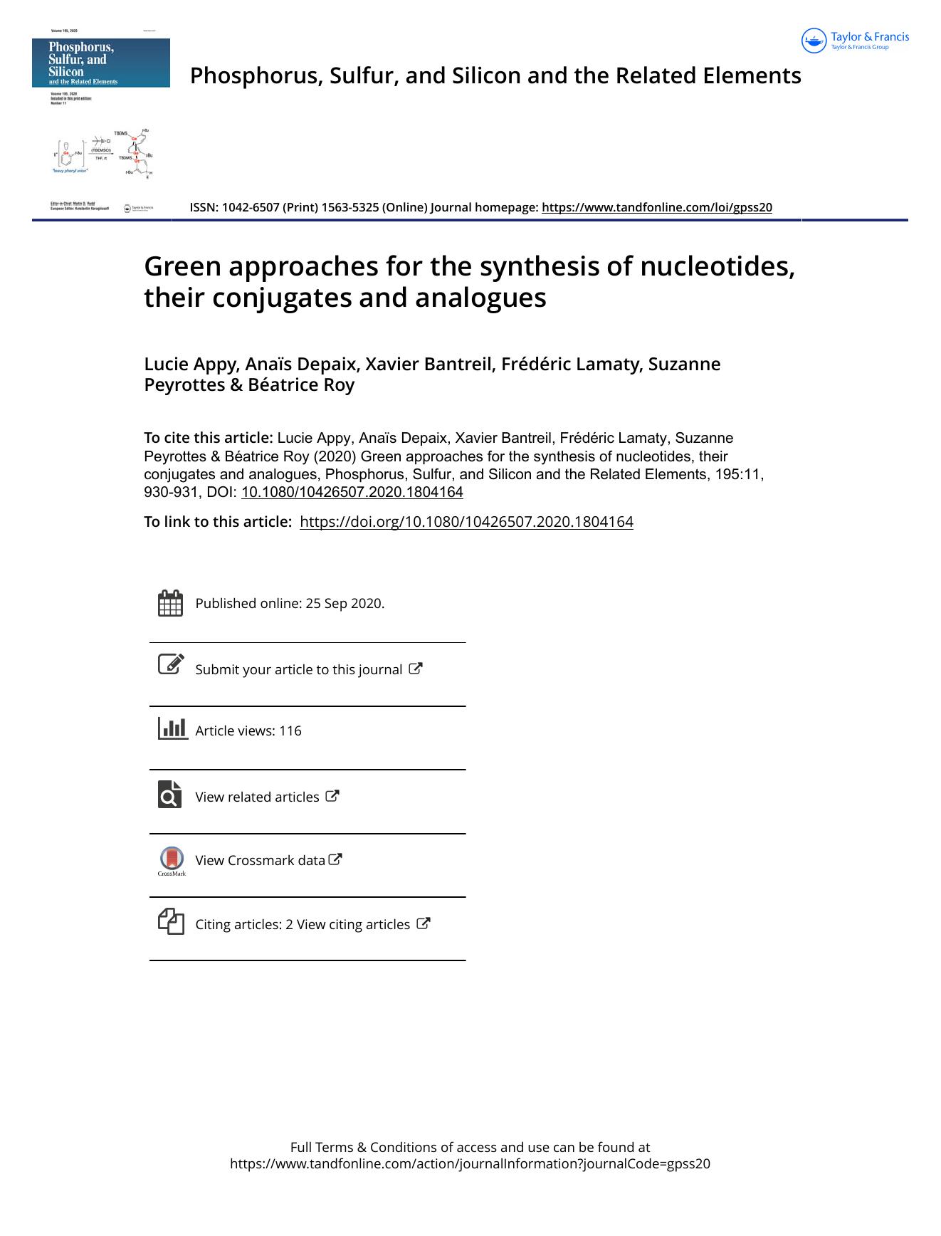 Green approaches for the synthesis of nucleotides, their conjugates and analogues by Appy Lucie & Depaix Anaïs & Bantreil Xavier & Lamaty Frédéric & Peyrottes Suzanne & Roy Béatrice