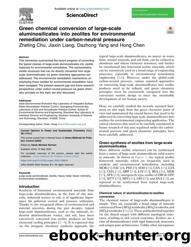 Green chemical conversion of large-scale aluminosilicates into zeolites for environmental remediation under carbon-neutral pressure by Zheting Chu & Jiaxin Liang & Dazhong Yang & Hong Chen