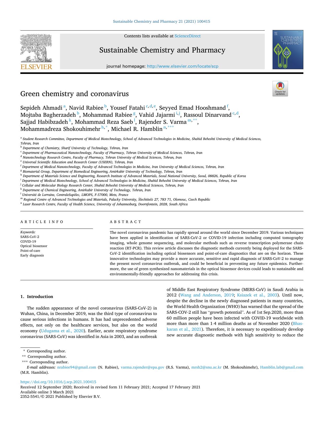 Green chemistry and coronavirus by unknow