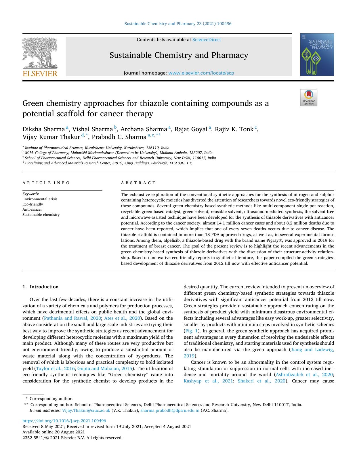 Green chemistry approaches for thiazole containing compounds as a potential scaffold for cancer therapy by unknow