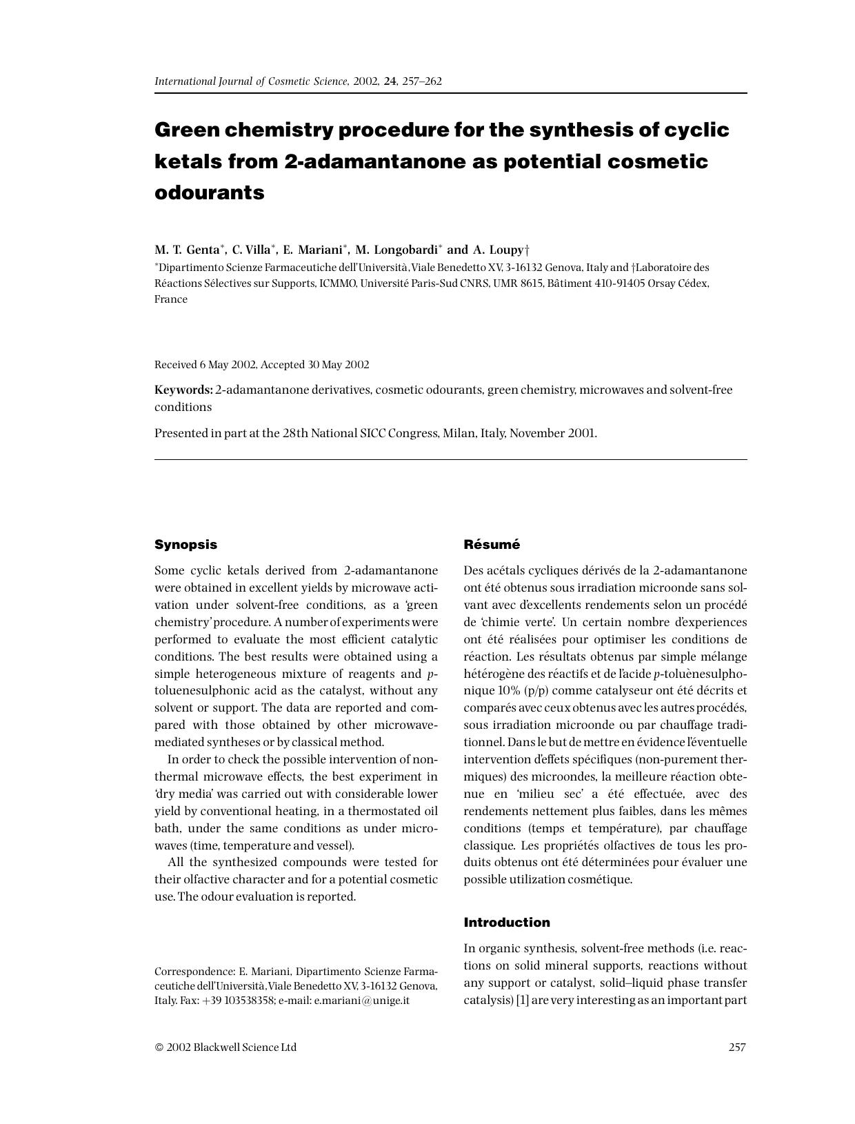 Green chemistry procedure for the synthesis of cyclic ketals from 2-adamantanone as potential cosmetic odourants by Unknown