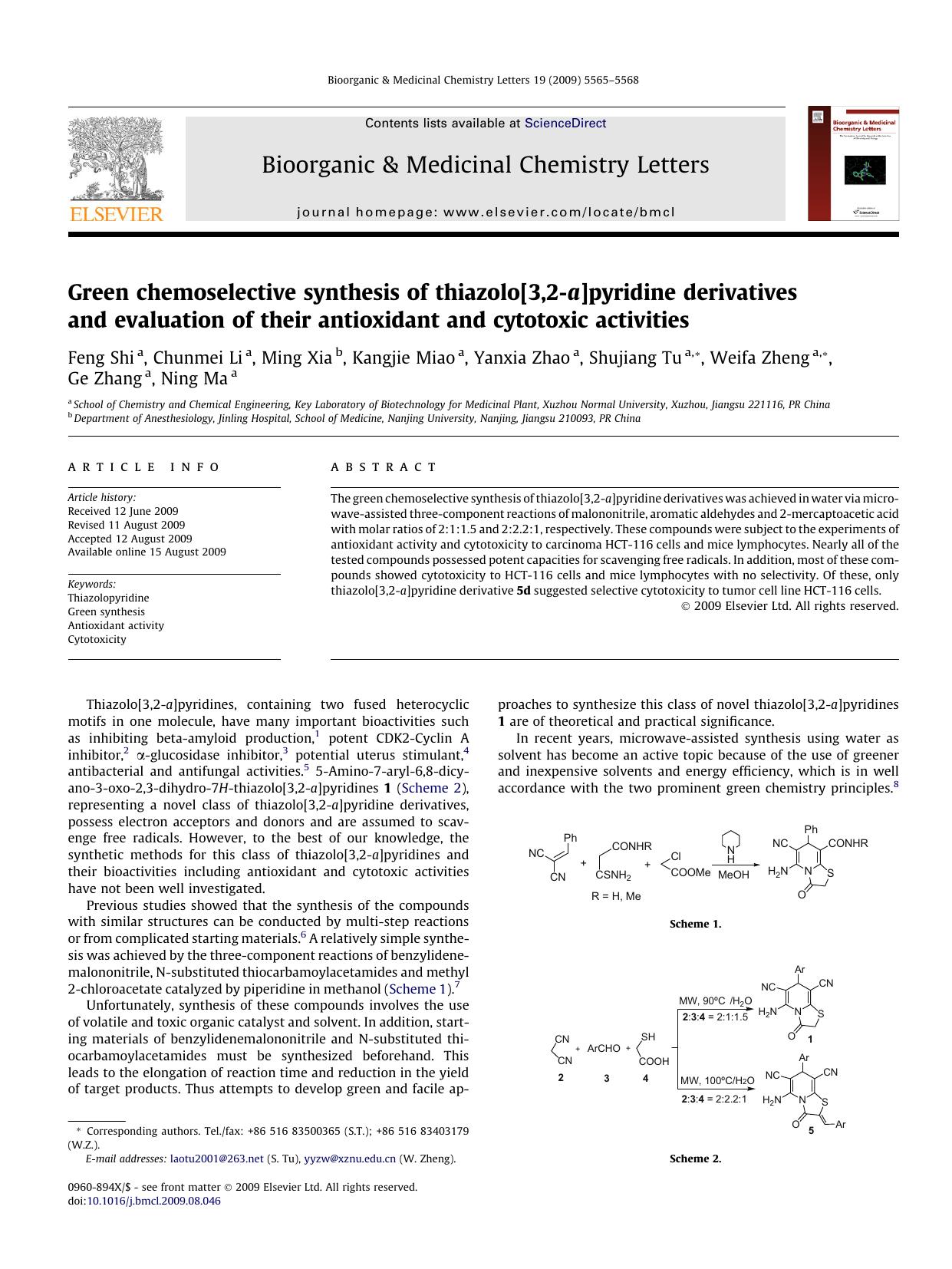 Green chemoselective synthesis of thiazolo[3,2-a]pyridine derivatives and evaluation of their antioxidant and cytotoxic activities by unknow