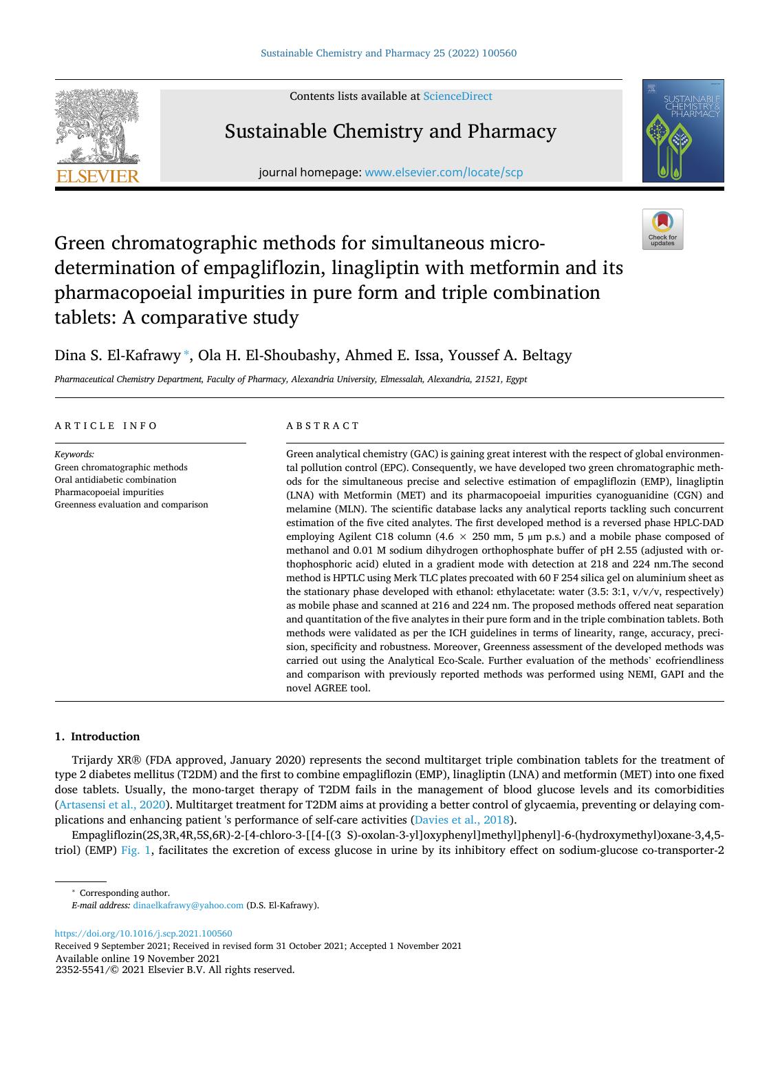 Green chromatographic methods for simultaneous micro-determination of empagliflozin, linagliptin with metformin and its pharmacopoeial impurities in pure form and triple combinatio by Dina S. El-Kafrawy & Ola H. El-Shoubashy & Ahmed E. Issa & Youssef A. Beltagy