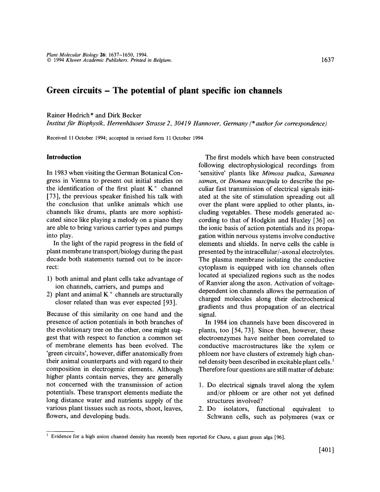 Green circuits — The potential of plant specific ion channels by Unknown