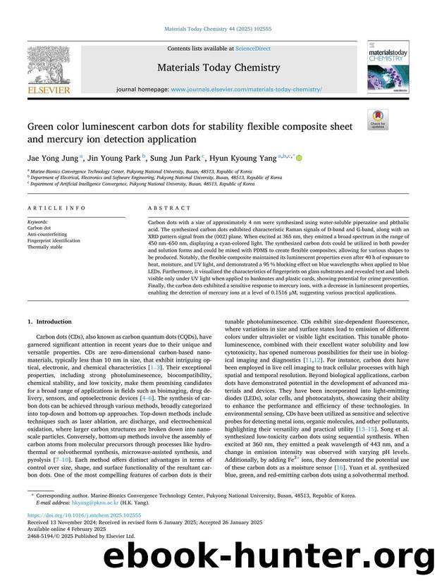 Green color luminescent carbon dots for stability flexible composite sheet and mercury ion detection application by Jae Yong Jung & Jin Young Park & Sung Jun Park & Hyun Kyoung Yang
