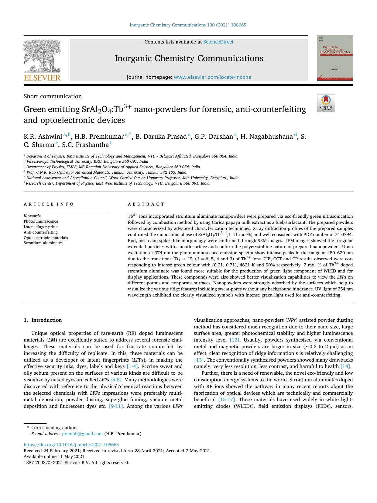 Green emitting SrAl2O4:Tb3+ nano-powders for forensic, anti-counterfeiting and optoelectronic devices by K.R. Ashwini
