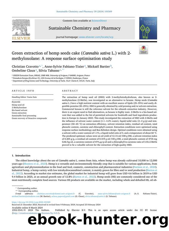 Green extraction of hemp seeds cake ( Cannabis sativa L.) with 2-methyloxolane: A response surface optimisation study by Christian Cravotto & Anne-Sylvie Fabiano-Tixier & Mickaël Bartier & Ombeline Claux & Silvia Tabasso