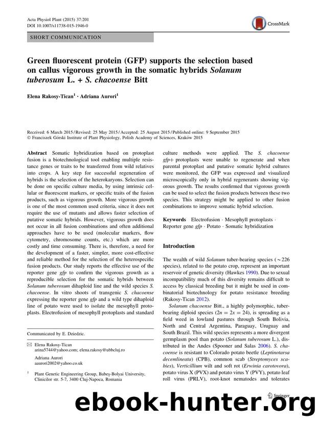 Green fluorescent protein (GFP) supports the selection based on callus vigorous growth in the somatic hybrids Solanum tuberosum L. + S. chacoense Bitt by Elena Rakosy-Tican & Adriana Aurori