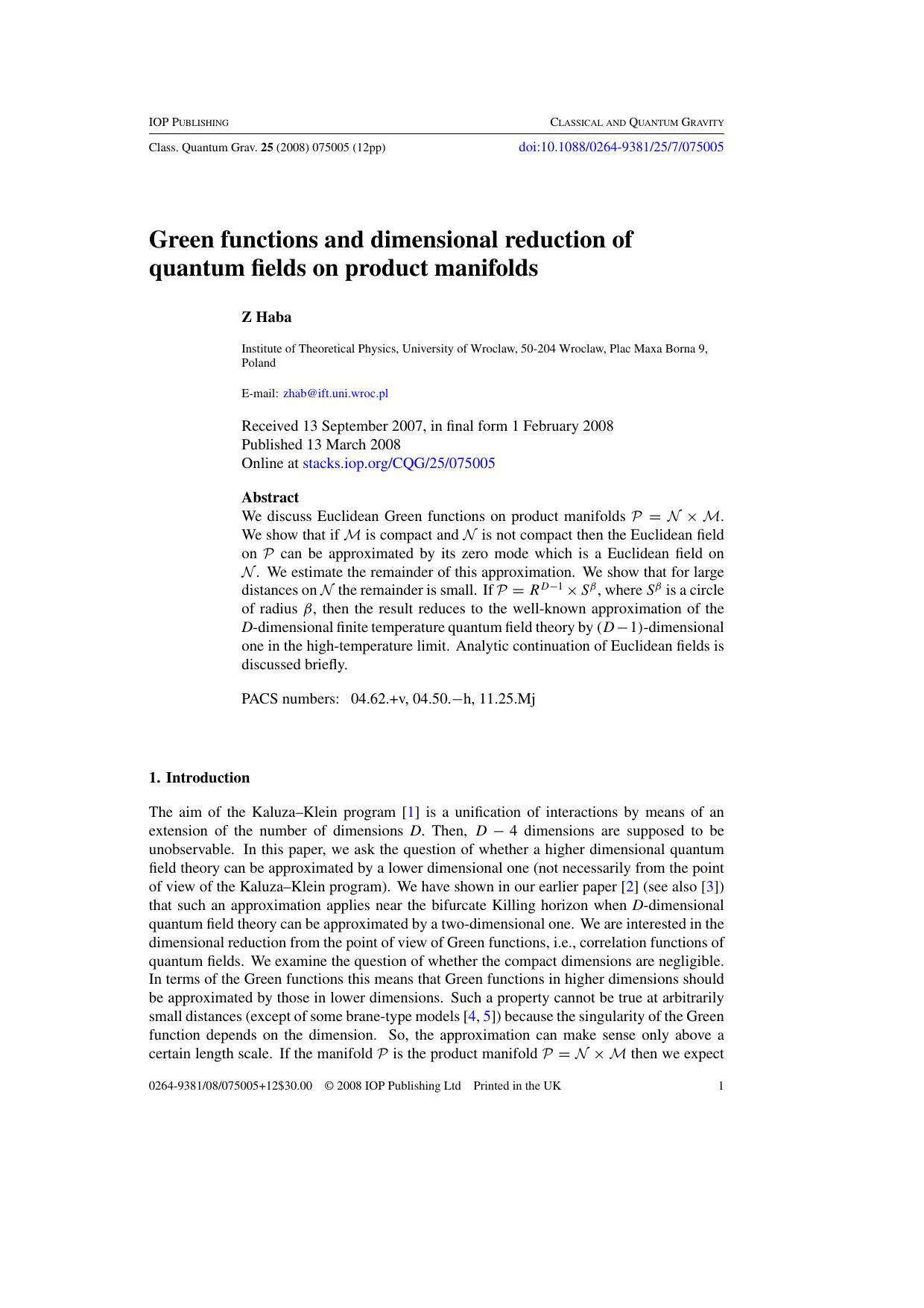 Green functions and dimensional reduction of quantum fields on product manifolds by Z Haba