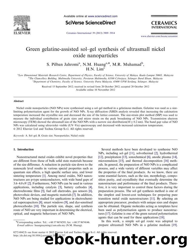 Green gelatine-assisted solâgel synthesis of ultrasmall nickel oxide nanoparticles by S. Pilban Jahromi & N.M. Huang & M.R. Muhamad & H.N. Lim