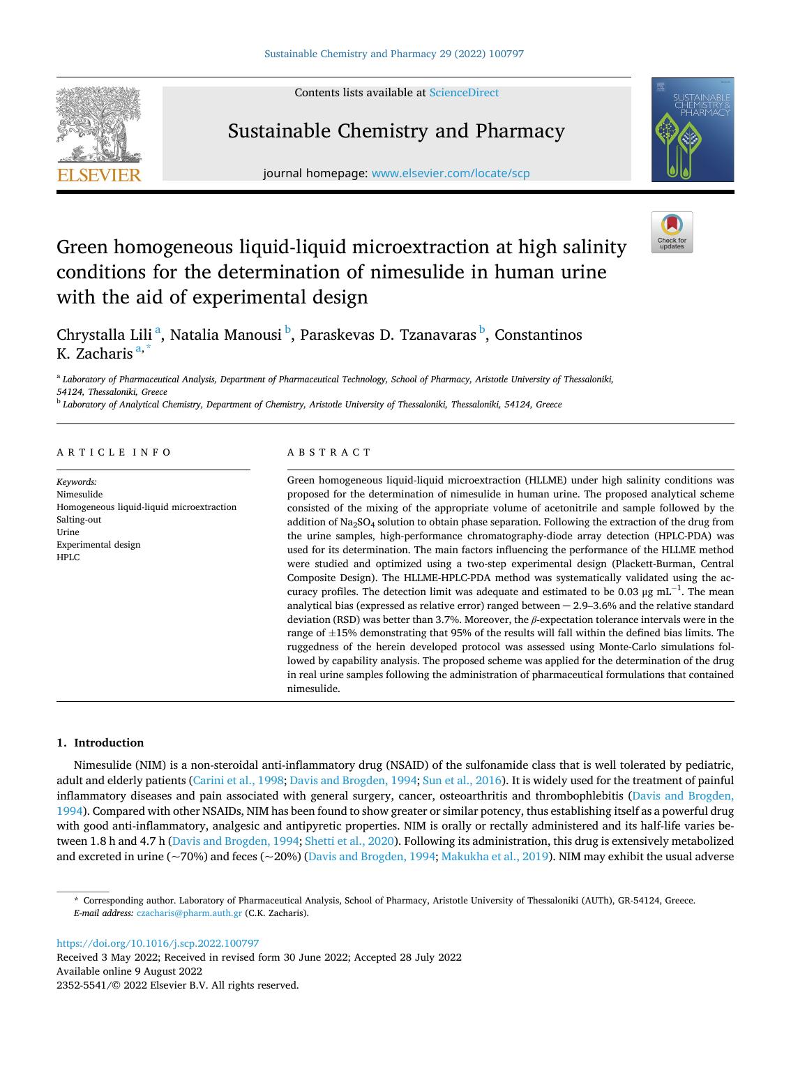 Green homogeneous liquid-liquid microextraction at high salinity conditions for the determination of nimesulide in human urine with the aid of experimental design by Chrystalla Lili & Natalia Manousi & Paraskevas D. Tzanavaras & Constantinos K. Zacharis