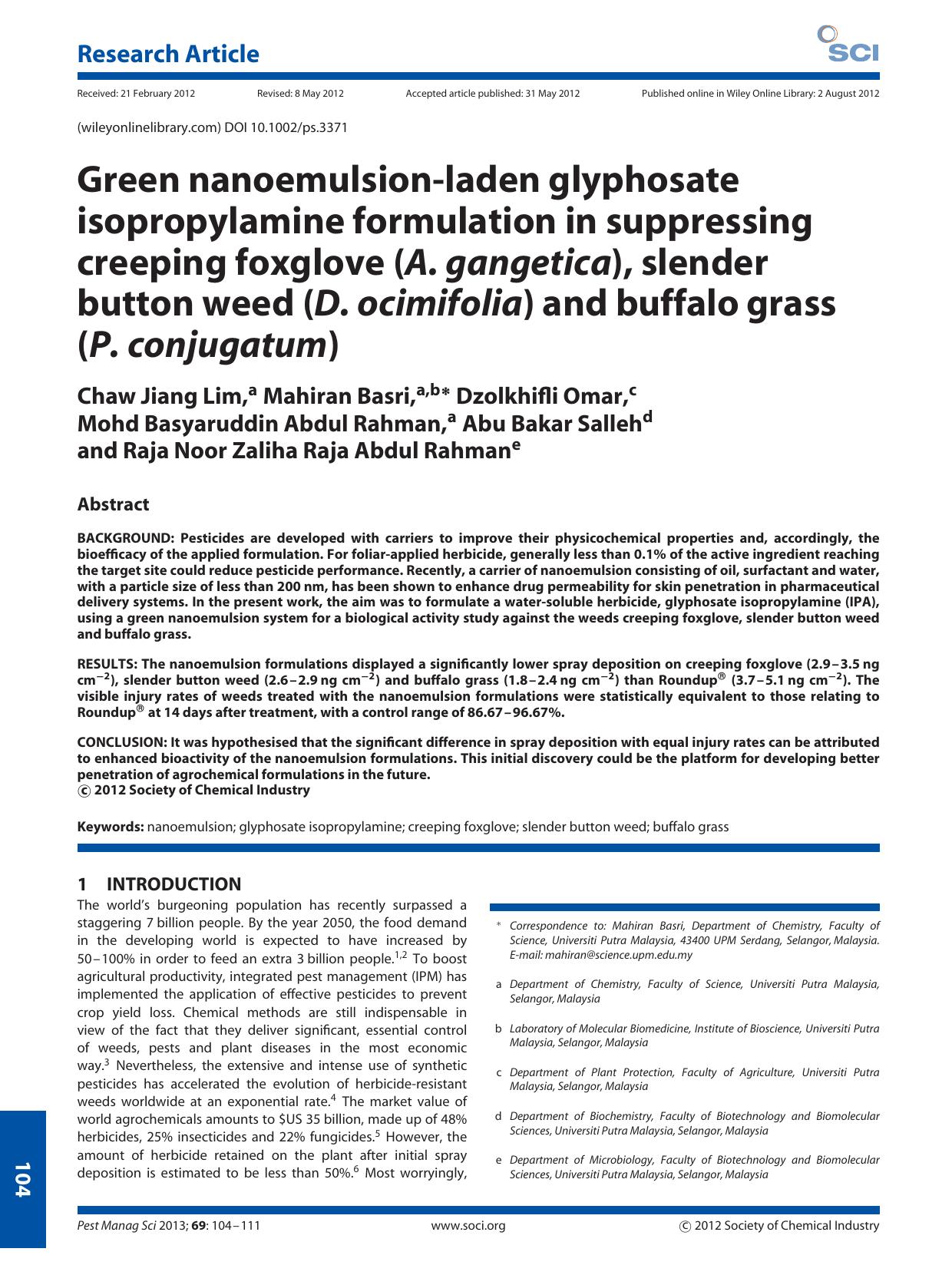 Green nanoemulsionladen glyphosate isopropylamine formulation in suppressing creeping foxglove (A. gangetica), slender button weed (D. ocimifolia) and buffalo grass (P. conjugatum) by Unknown