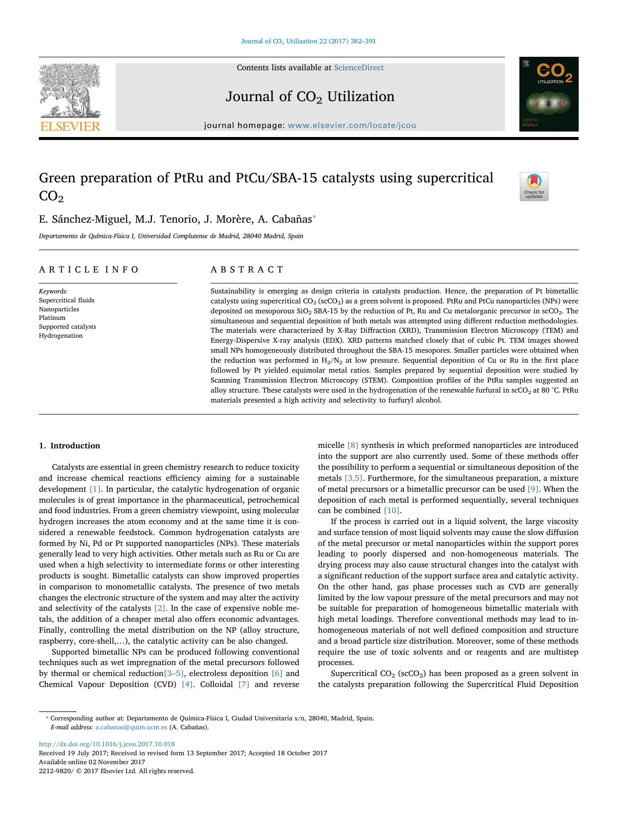 Green preparation of PtRu and PtCuSBA-15 catalysts using supercritical CO2 by E. Sánchez-Miguel & M.J. Tenorio & J. Morère & A. Cabañas