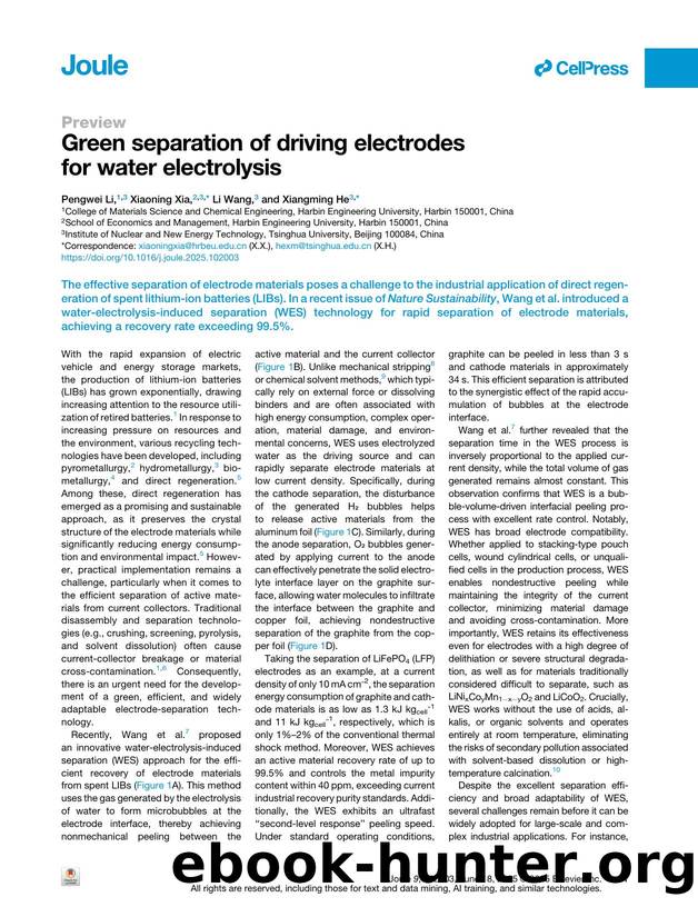 Green separation of driving electrodes for water electrolysis by Pengwei Li & Xiaoning Xia & Li Wang & Xiangming He