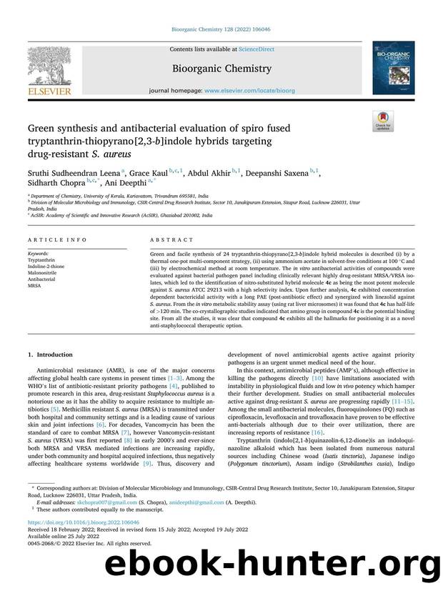 Green synthesis and antibacterial evaluation of spiro fused tryptanthrin-thiopyrano[2,3- b ]indole hybrids targeting drug-resistant S. aureus by unknow