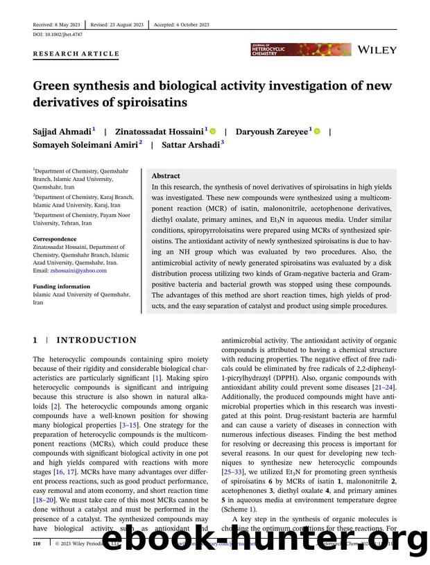 Green synthesis and biological activity investigation of new derivatives of spiroisatins by Unknown