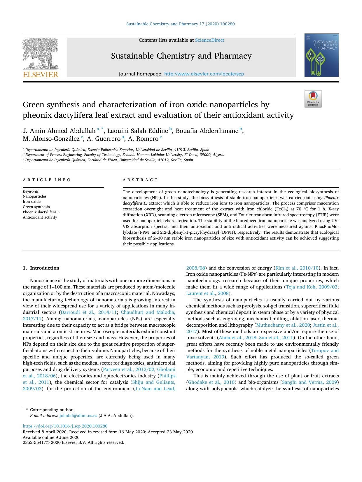 Green synthesis and characterization of iron oxide nanoparticles by pheonix dactylifera leaf extract and evaluation of their antioxidant activity by unknow
