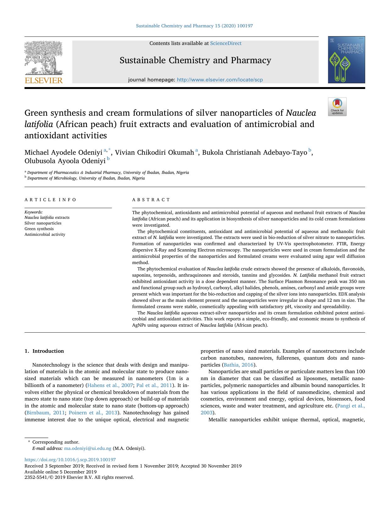 Green synthesis and cream formulations of silver nanoparticles of Nauclea latifolia (African peach) fruit extracts and evaluation of antimicrobial and antioxidant activities by unknow