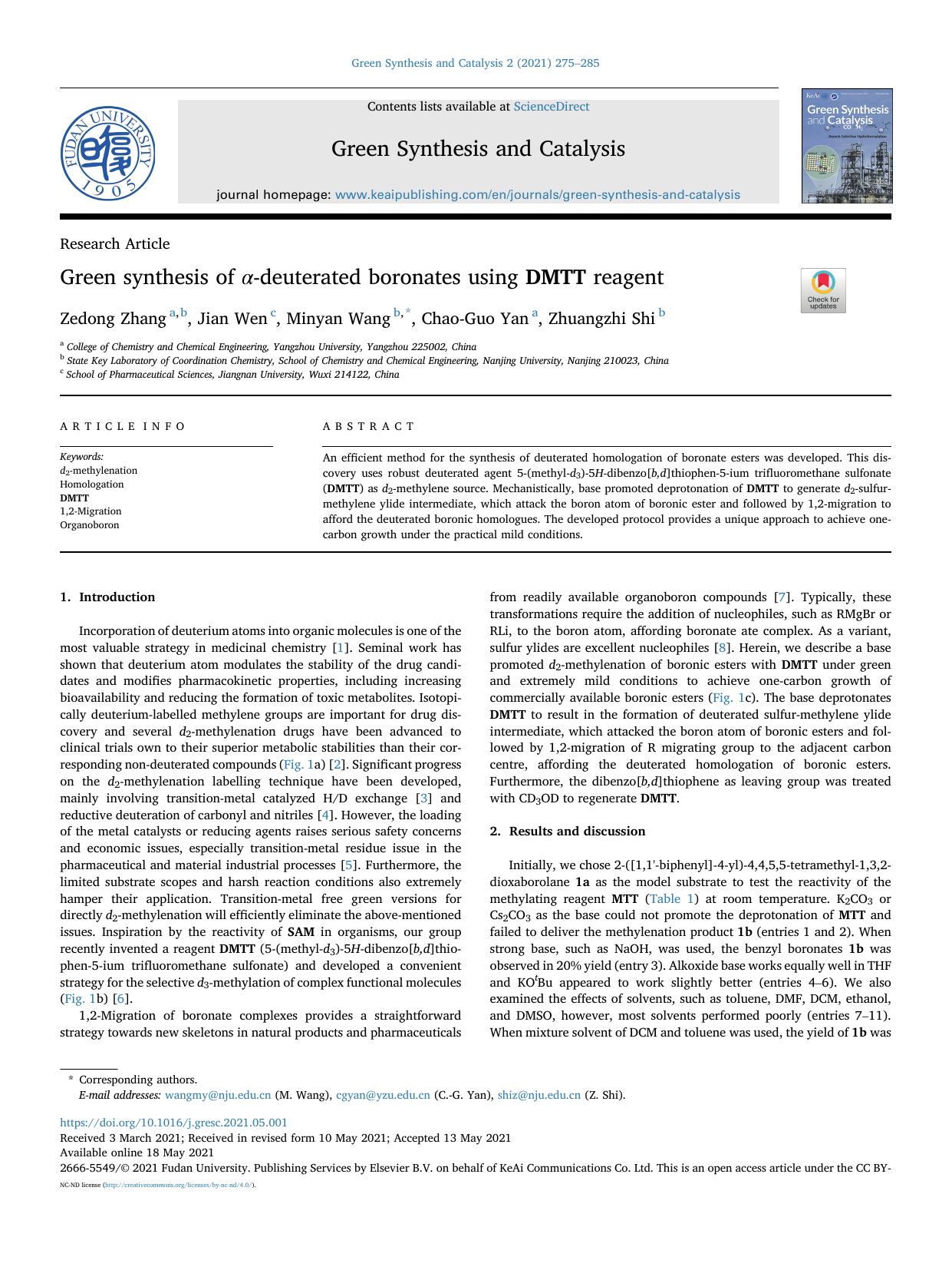 Green synthesis of &alpha;-deuterated boronates using DMTT reagent by Zedong Zhang