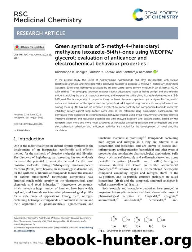 Green synthesis of 3-methyl-4-(hetero)aryl methylene isoxazole-5(4H)-ones using WEOFPAglycerol: evaluation of anticancer and electrochemical behaviour properties by Krishnappa B. Badiger & Santosh Y. Khatavi & Kantharaju Kamanna