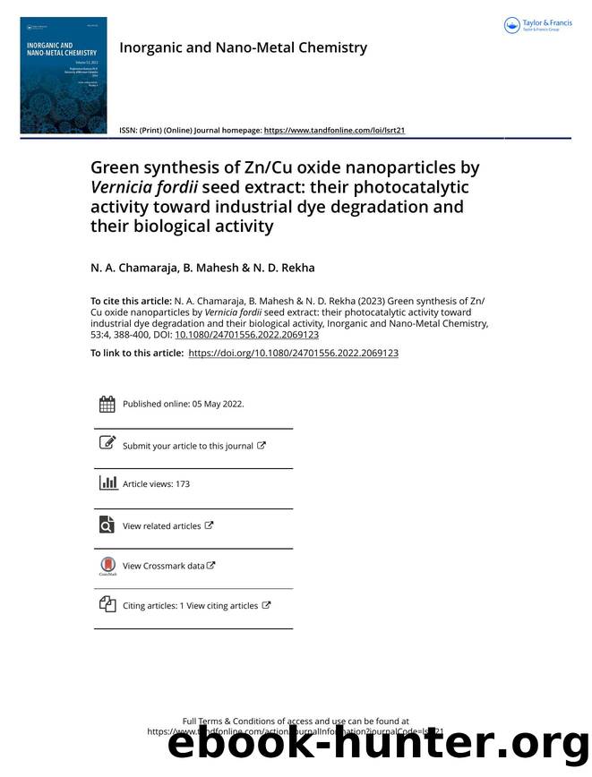 Green synthesis of ZnCu oxide nanoparticles by Vernicia fordii seed extract: their photocatalytic activity toward industrial dye degradation and their biological activity by Chamaraja N. A. & Mahesh B. & Rekha N. D