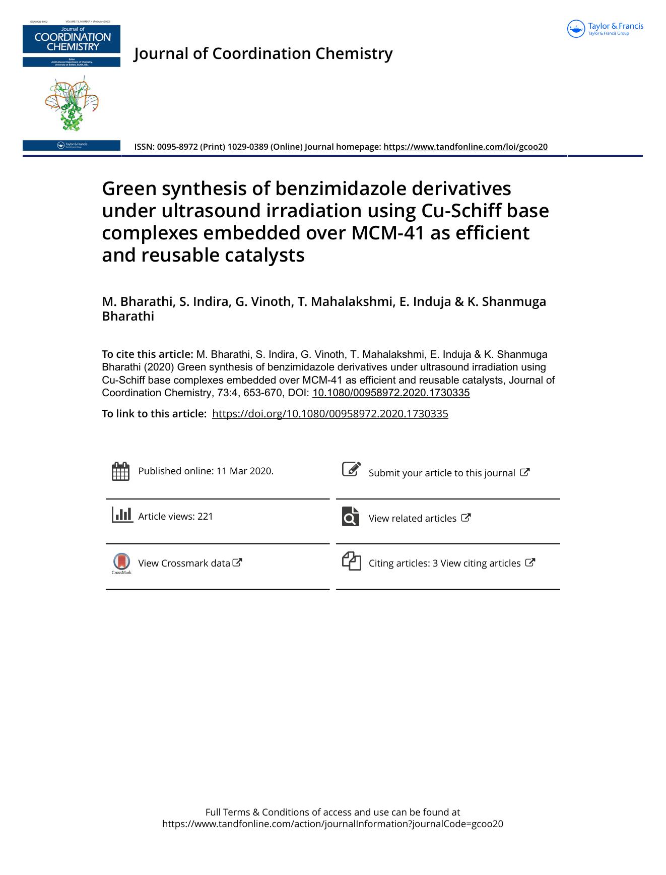 Green synthesis of benzimidazole derivatives under ultrasound irradiation using Cu-Schiff base complexes embedded over MCM-41 as efficient and reusable catalysts by Bharathi M. & Indira S. & Vinoth G. & Mahalakshmi T. & Induja E. & Shanmuga Bharathi K