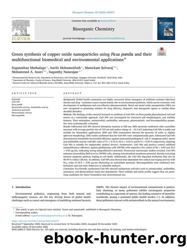 Green synthesis of copper oxide nanoparticles using Ficus pumila and their multifunctional biomedical and environmental applications by unknow
