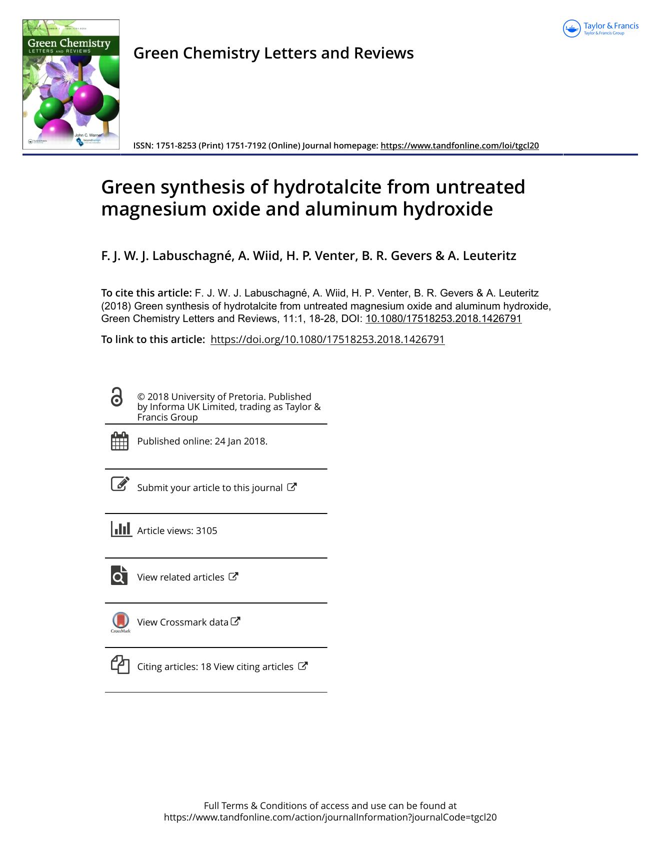 Green synthesis of hydrotalcite from untreated magnesium oxide and aluminum hydroxide by F. J. W. J. Labuschagné & A. Wiid & H. P. Venter & B. R. Gevers & A. Leuteritz