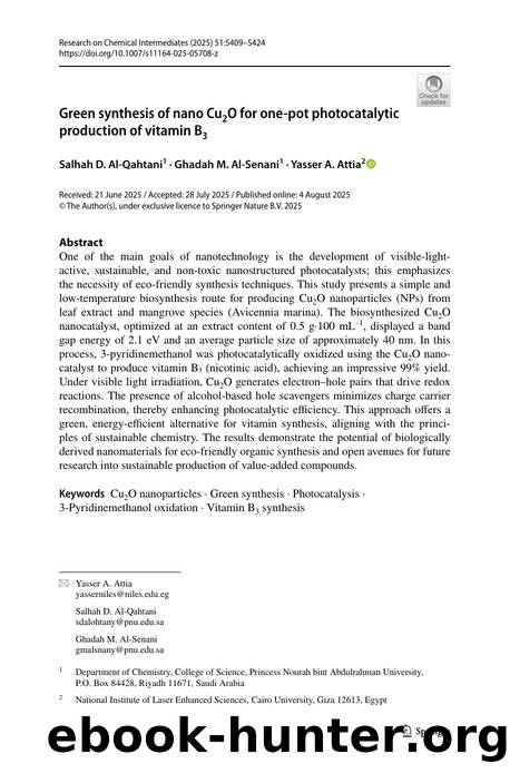 Green synthesis of nano Cu2O for one-pot photocatalytic production of vitamin B3 by Salhah D. Al-Qahtani & Ghadah M. Al-Senani & Yasser A. Attia