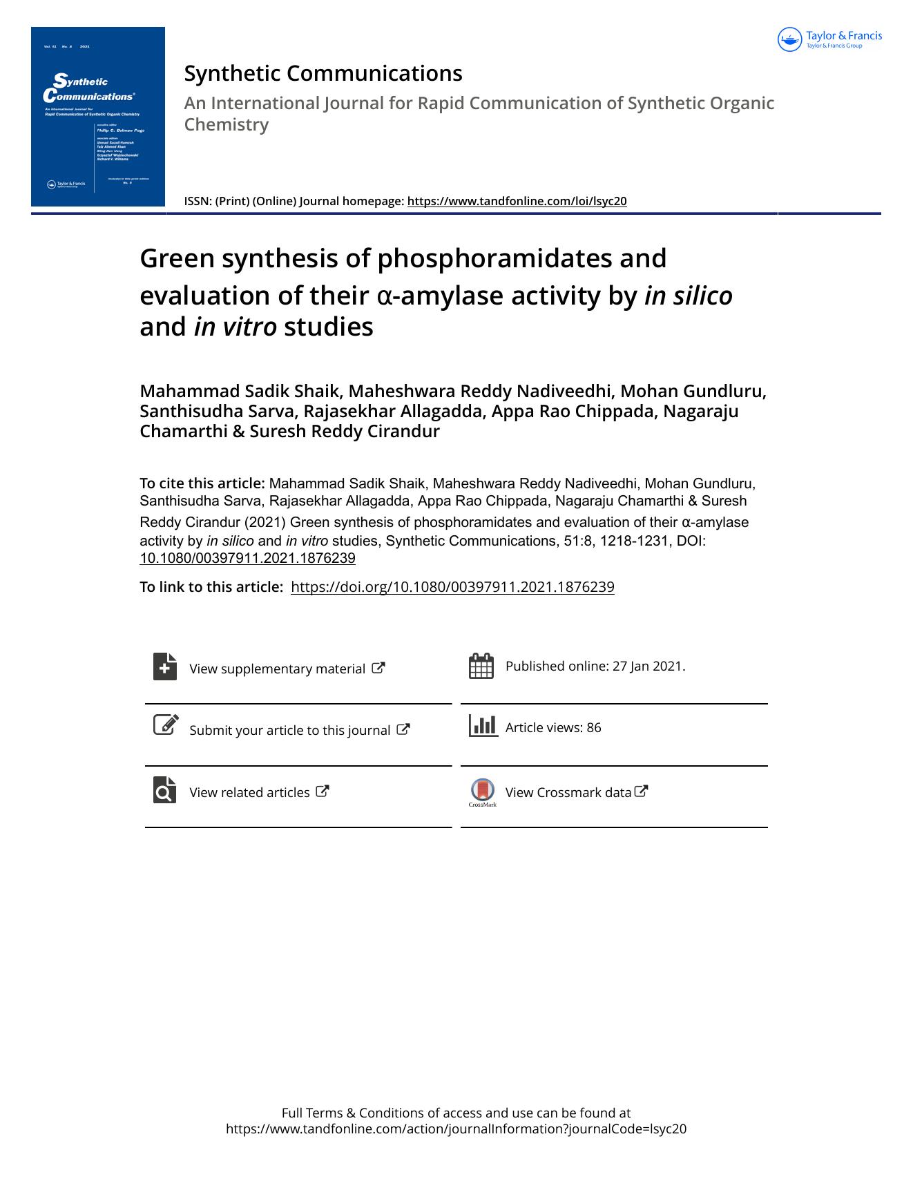 Green synthesis of phosphoramidates and evaluation of their Î±-amylase activity by in silico and inÂ vitro studies by unknow