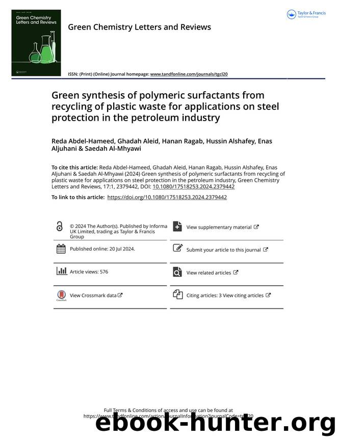 Green synthesis of polymeric surfactants from recycling of plastic waste for applications on steel protection in the petroleum industry by Reda Abdel-Hameed & Ghadah Aleid & Hanan Ragab & Hussin Alshafey & Enas Aljuhani & Saedah Al-Mhyawi