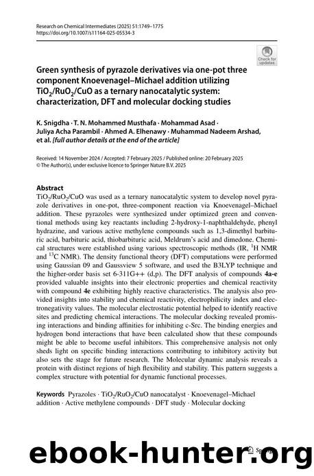 Green synthesis of pyrazole derivatives via one-pot three component KnoevenagelâMichael addition utilizing TiO2RuO2CuO as a ternary nanocatalytic system: characterization, DFT an by unknow