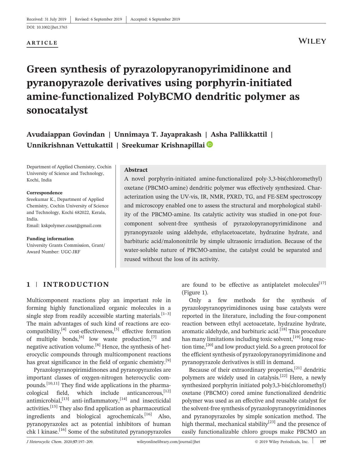 Green synthesis of pyrazolopyranopyrimidinone and pyranopyrazole derivatives using porphyrinâinitiated amineâfunctionalized PolyBCMO dendritic polymer as sonocatalyst by unknow