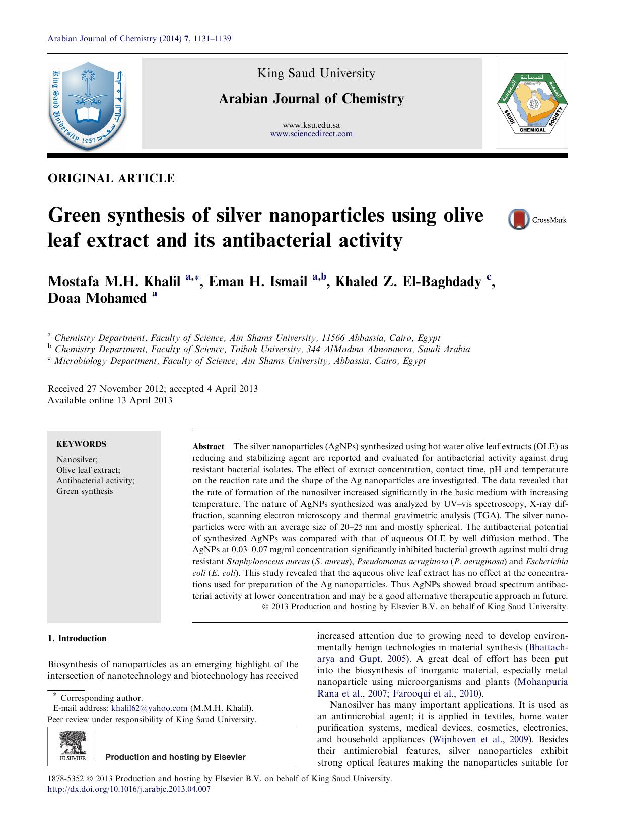 Green synthesis of silver nanoparticles using olive leaf extract and its antibacterial activity by Mostafa M.H. Khalil & Eman H. Ismail & Khaled Z. El-Baghdady & Doaa Mohamed