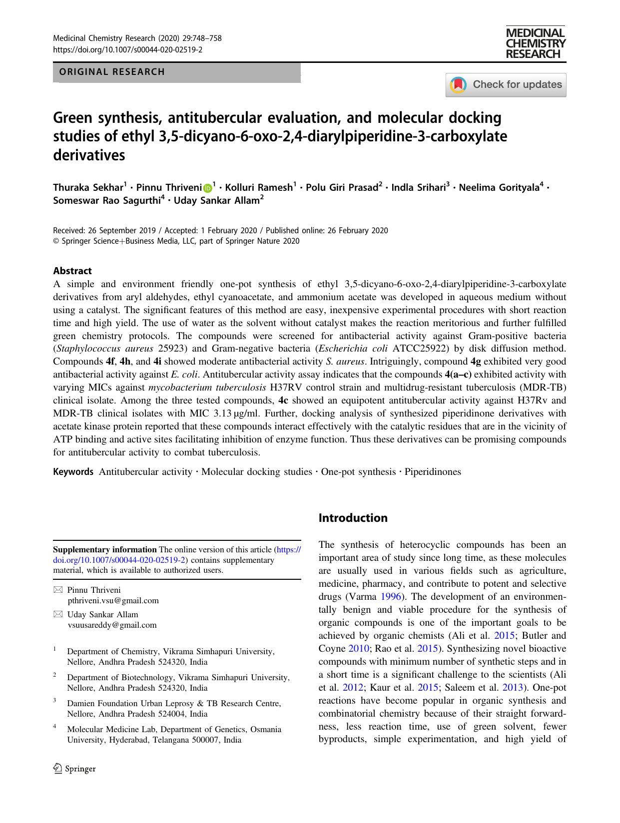 Green synthesis, antitubercular evaluation, and molecular docking studies of ethyl 3,5-dicyano-6-oxo-2,4-diarylpiperidine-3-carboxylate derivatives by unknow