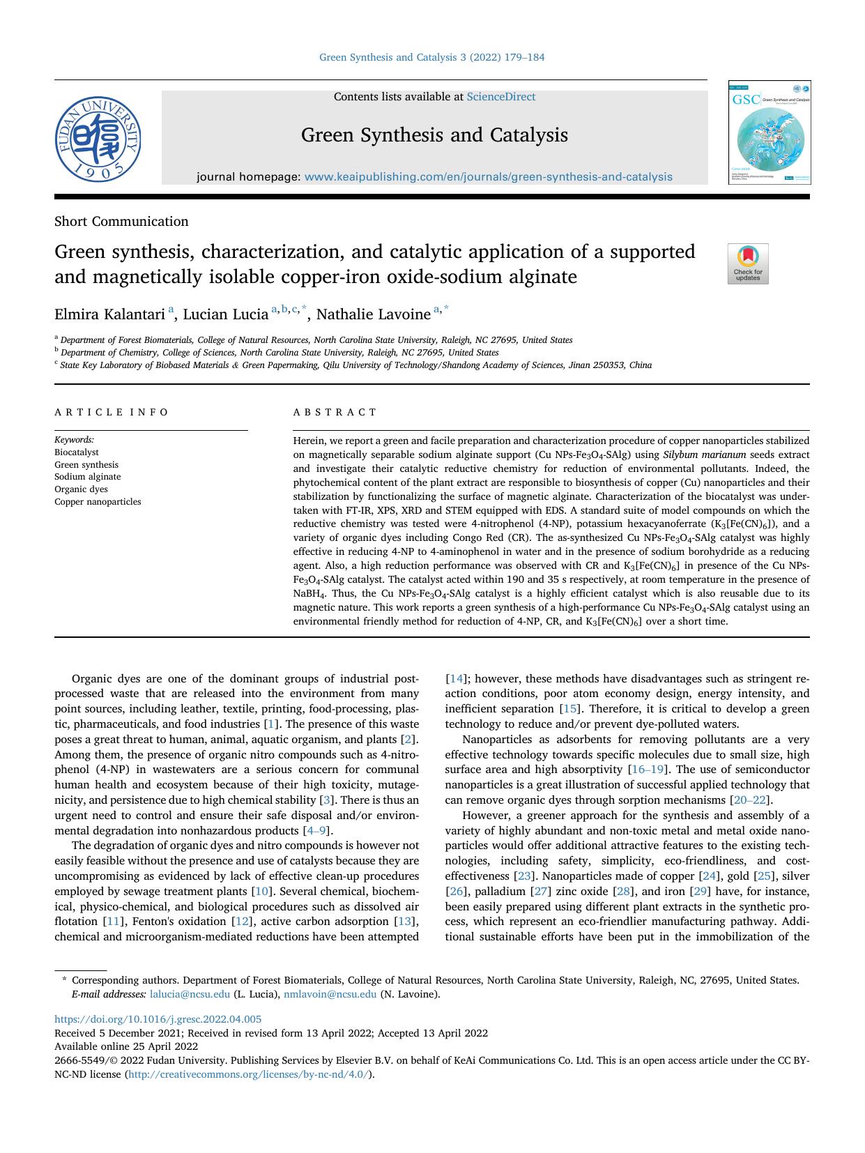 Green synthesis, characterization, and catalytic application of a supported and magnetically isolable copper-iron oxide-sodium alginate by Elmira Kalantari & Lucian Lucia & Nathalie Lavoine
