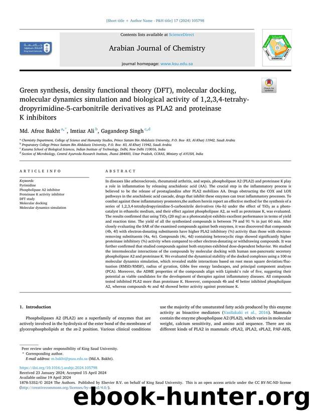 Green synthesis, density functional theory (DFT), molecular docking, molecular dynamics simulation and biological activity of 1,2,3,4-tetrahydropyrimidine-5-carbonitrile derivative by Md. Afroz Bakht & Imtiaz Ali & Gagandeep Singh