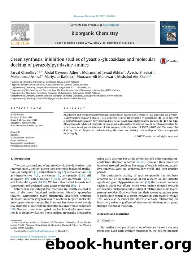 Green synthesis, inhibition studies of yeast ÃÂ±-glucosidase and molecular docking of pyrazolylpyridazine amines by unknow