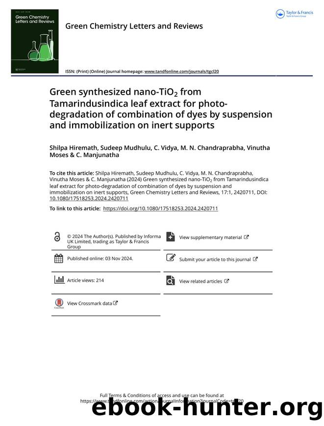 Green synthesized nano-TiO2 from Tamarindusindica leaf extract for photo-degradation of combination of dyes by suspension and immobilization on inert supports by Shilpa Hiremath & C. Vidya & M. N. Chandraprabha
