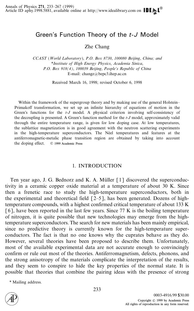 Green's Function Theory of the t-J Model by Chang Z