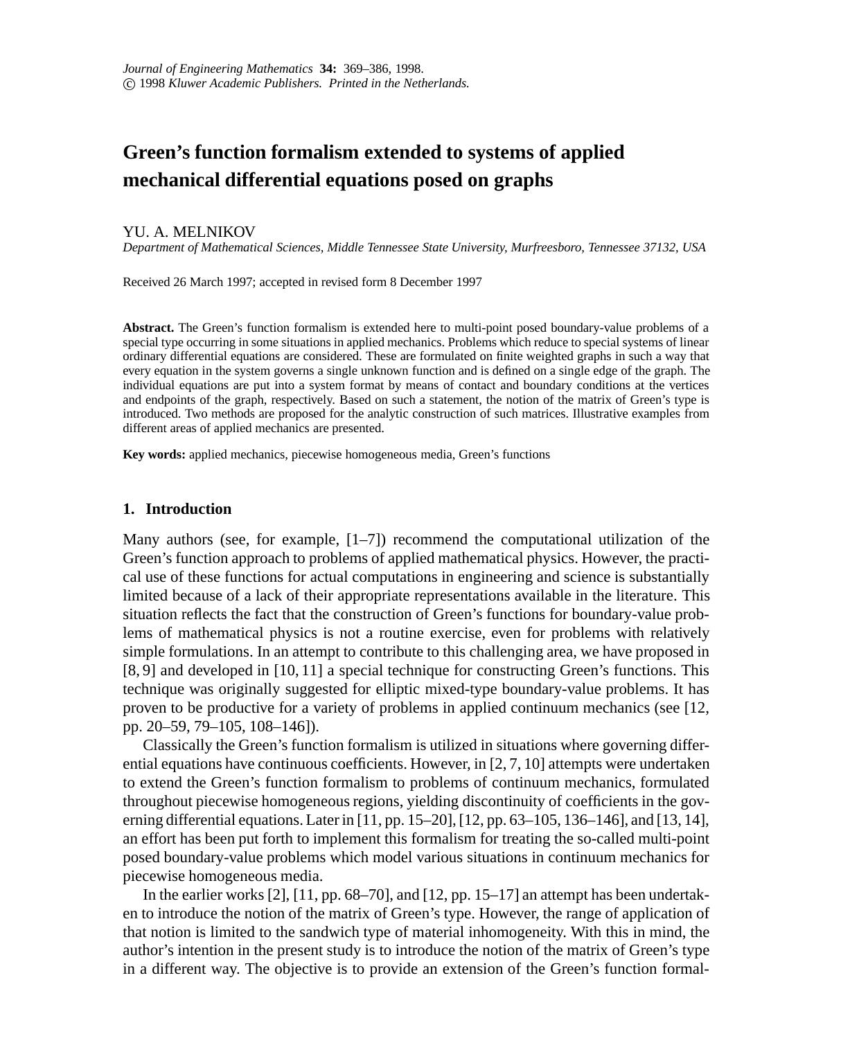 Green's function formalism extended to systems of applied mechanical differential equations posed on graphs by Unknown