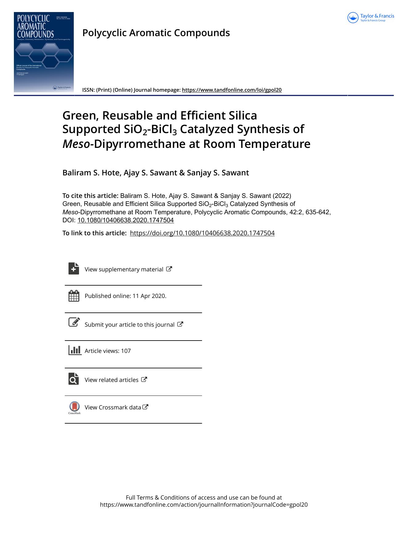 Green, Reusable and Efficient Silica Supported SiO2-BiCl3 Catalyzed Synthesis of Meso-Dipyrromethane at Room Temperature by Hote Baliram S. & Sawant Ajay S. & Sawant Sanjay S