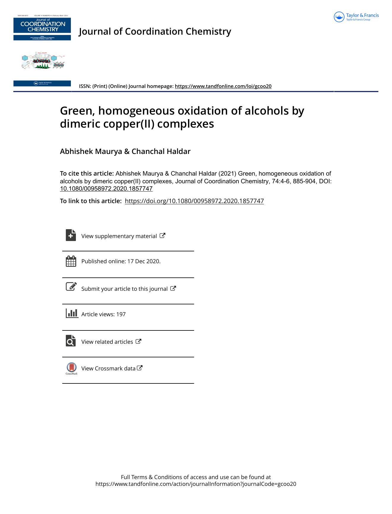 Green, homogeneous oxidation of alcohols by dimeric copper(II) complexes by Maurya Abhishek & Haldar Chanchal